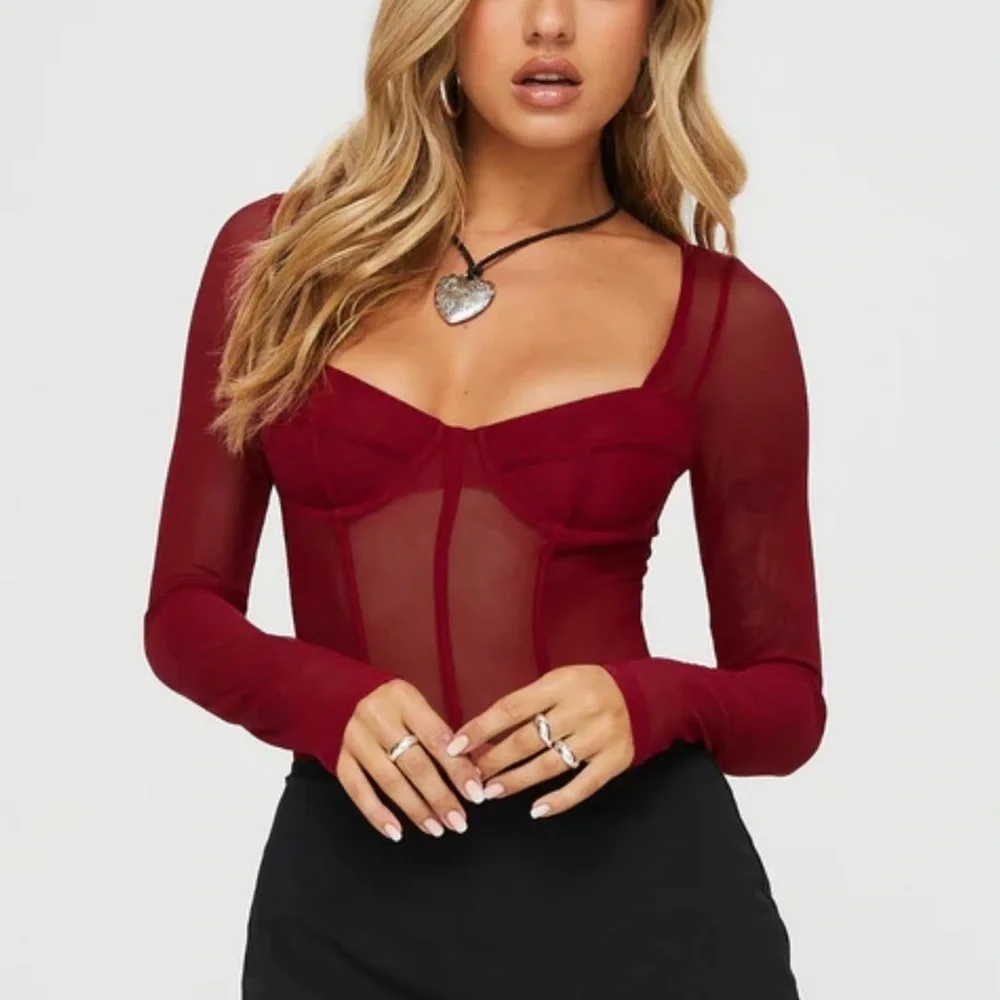 Princess Polly Leonie Mesh Bodysuit Burgundy Sz US 10Sheer Underwire Long Sleeve - Picture 2 of 13